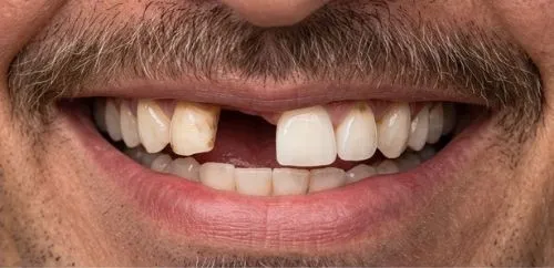 Antes: Dente que faltava na frente, reposto